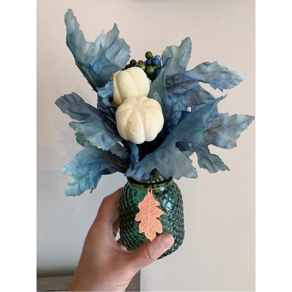 Blue Leaves and White Pumpkins Fall Floral Decor